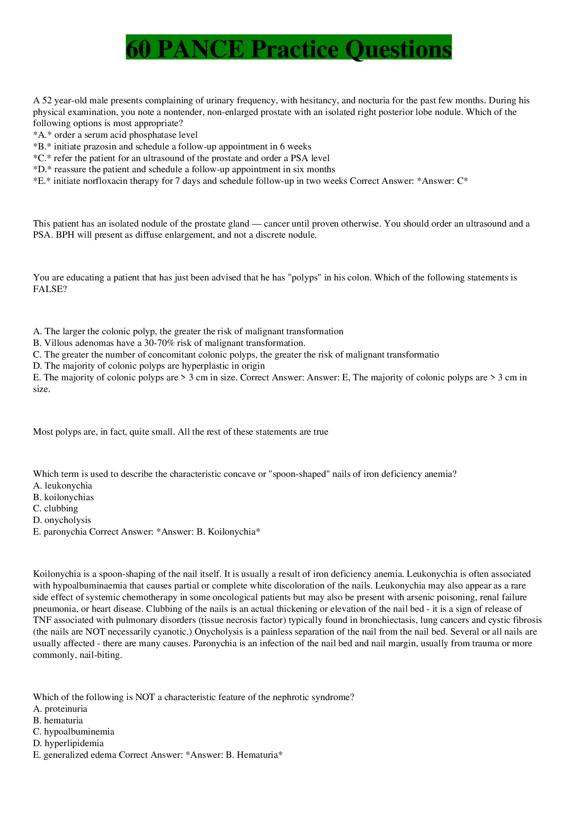 Preview image of 60 PANCE Practice Questions document